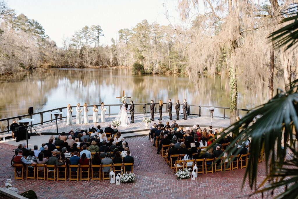 Wedding ceremony overlooking pond at Columbia SC wedding venue