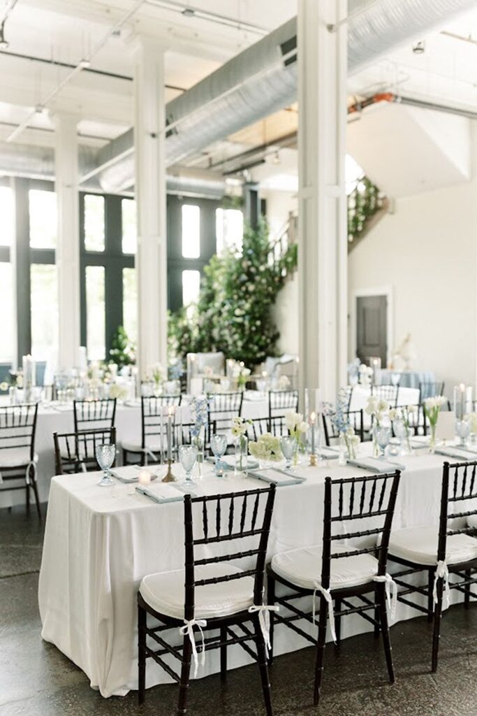 Wedding reception set up with decorated tables