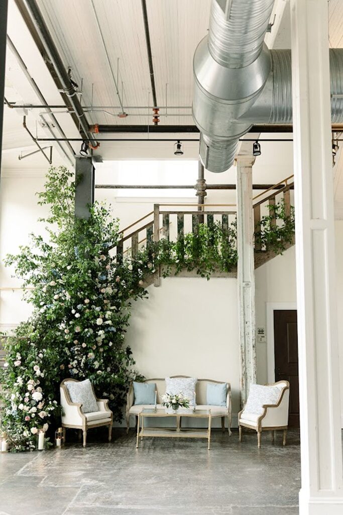 Staircase with florals for wedding in Columbia