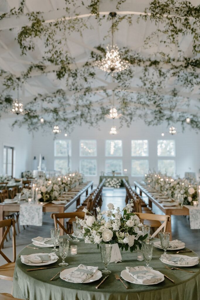 Reception Hall decorated  with greenery for a lexington wedding