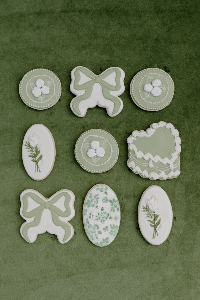 Sage green frosted cookies for wedding 