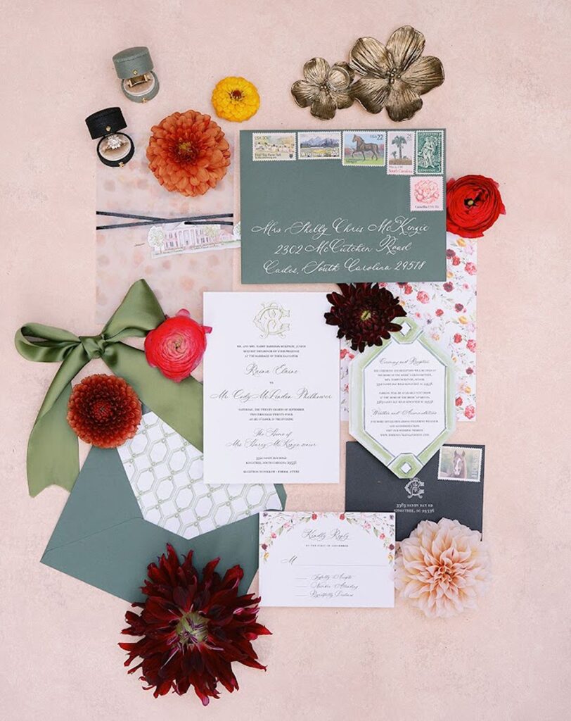 Wedding flatlay with invitations and florals