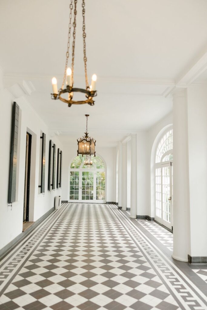 the black and white checkered foyer at a Lowndes Grove wedding