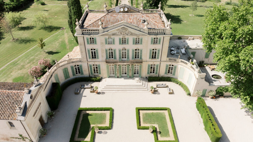 drone picture of Chateau de Tourreau gardens and architecture