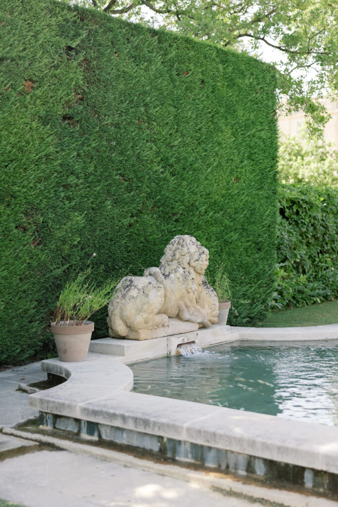 stunning stone statue at Chateau de Tourreau pool