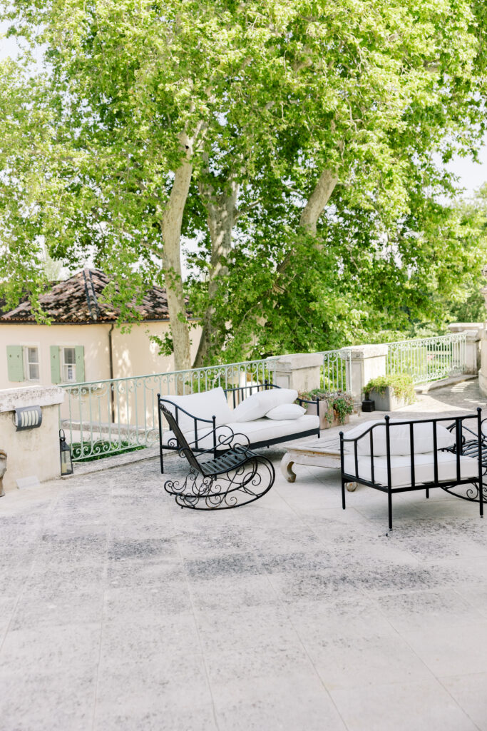 causal seating on patio outside Bridal Suite at Chateau de Tourreau